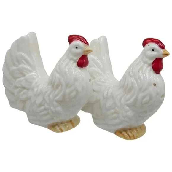 COPY - Vintage White Chicken and Rooster Salt & Pepper Shaker Set - Picture 1 of 7